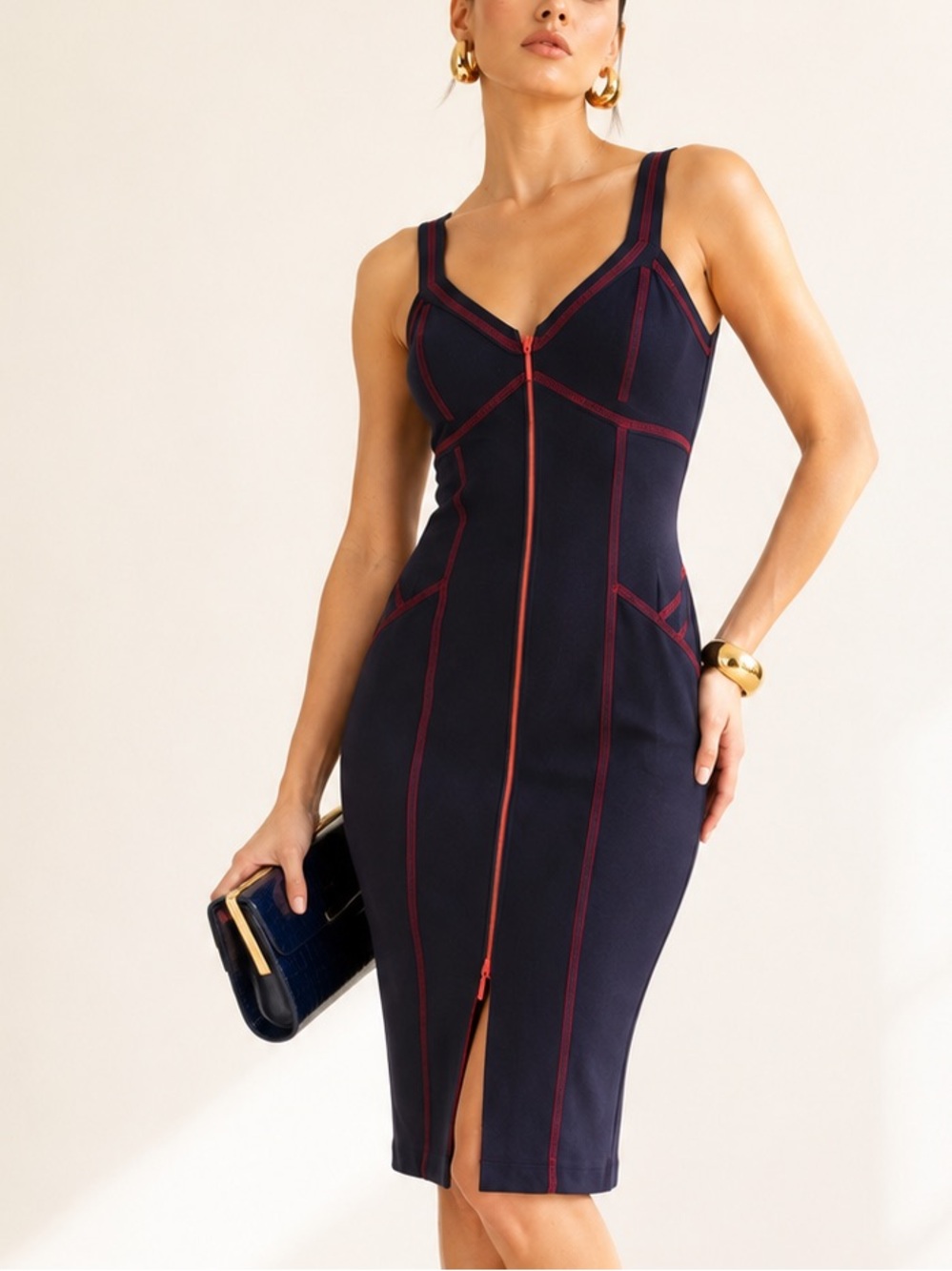 Joseph Ribkoff Futuristic Bodycon Zip Dress Contrast Stitch Statement Pockets 6 - Picture 2 of 15